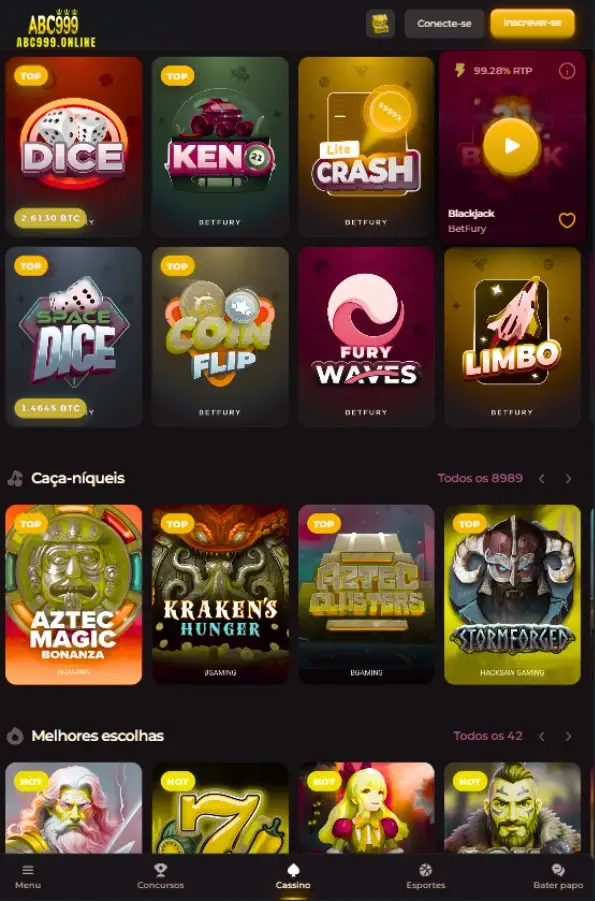 Tela inicial do ABC999 app mostrando slots e bônus.